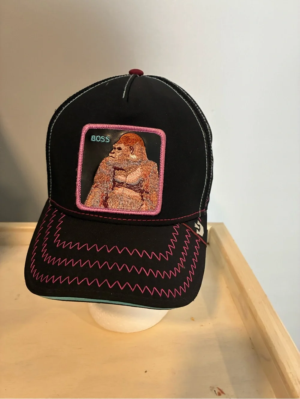 Boss Black Cap with Pink Trim and Embroidered Gorilla Patch